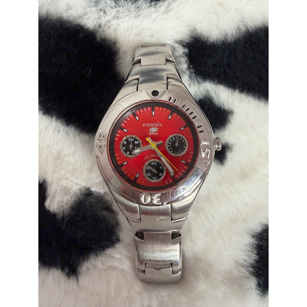 Fossil Blue BQ-9102 Red Dial Chronograph Stainless Steel Watch 100M